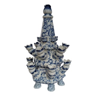 Blue & White Ceramic 2 Piece Tulipiere For Sale