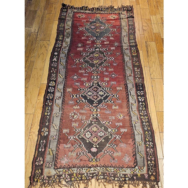 Early 20th Century Vintage Turkish Tribal Kilim, Flat-Woven Medallion Pattern, Burgundy & Ivory, 5x11 For Sale - Image 5 of 13