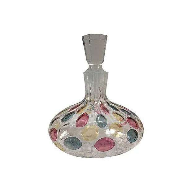 Fabulous large hand-blown decanter with removable stopper decorated in pink, blue and pale yellow iridescent polka dot...