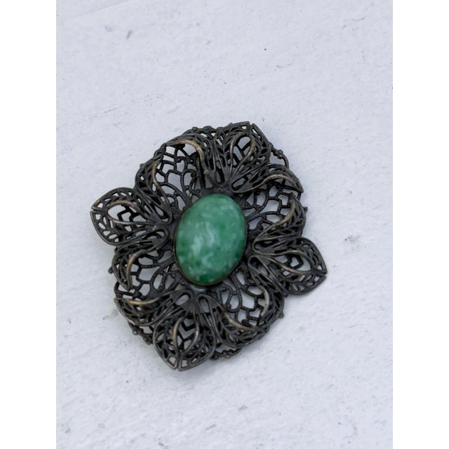Victorian Vintage 1960s Victorian Revival Filigree Floral Brooch Green Cabochon Statement Pin For Sale - Image 3 of 12