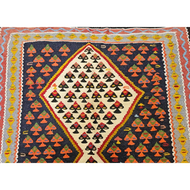 Black Vintage Persian Senneh Kilim, Flat-Woven Wool Rug, Paisley Pattern, Ivory & Black, 3x6 For Sale - Image 8 of 15