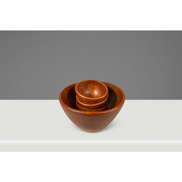 Wood Set of Four ( 4 ) Mid-Century Organic Modern Wood-Turned Salad / Serving Bowls in Solid Burmese Teak, C. 1970's For Sale - Image 7 of 17