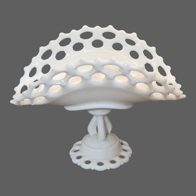 Westmorland Vintage Westmoreland Milk Glass Lace Pedestal Center Piece Oval Basket Serving Platter For Sale - Image 4 of 7