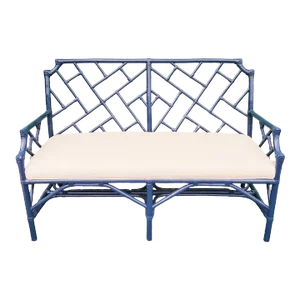 Vintage Rattan Navy Blue Chinese Chippendale Large Bench Settee