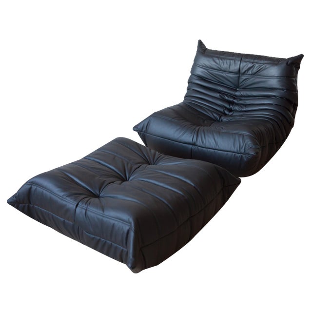 Set of Black Leather Togo Lounge Chair and Pouf by Michel Ducaroy for Ligne Roset For Sale