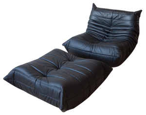 Set of Black Leather Togo Lounge Chair and Pouf by Michel Ducaroy for Ligne Roset