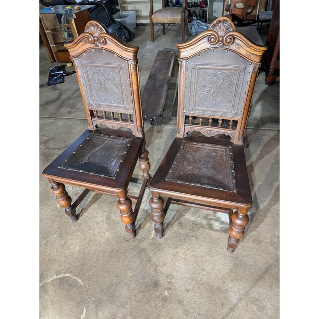 Pair of Early 20th Century Jacobean / Henry II Revival Tooled Leather Dining Side Chairs For Sale In Washington DC - Image 6 of 9