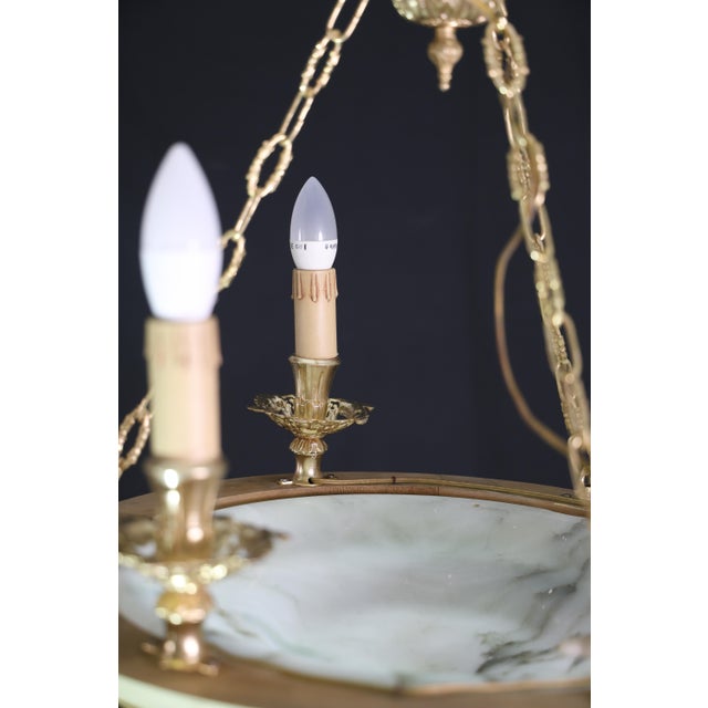 1950s Masterpiece Art Deco Design White Alabaster Chandelier Circular Wooden Frame For Sale - Image 12 of 14