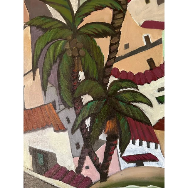 Contemporary Marc Zimmerman "Climbing Village" Oil Painting, Cliffside Town, Palm Trees, Cubist Architecture, Vivid Green, Contemporary Art West Coast For Sale - Image 3 of 8