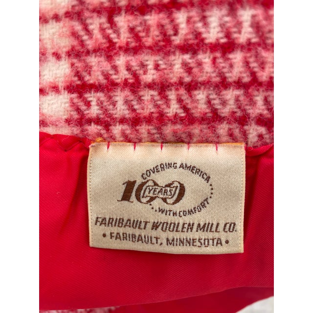 Vintage Faribault Red & White Plaid Wool King Blanket With Red Satin Binding For Sale In Los Angeles - Image 6 of 7