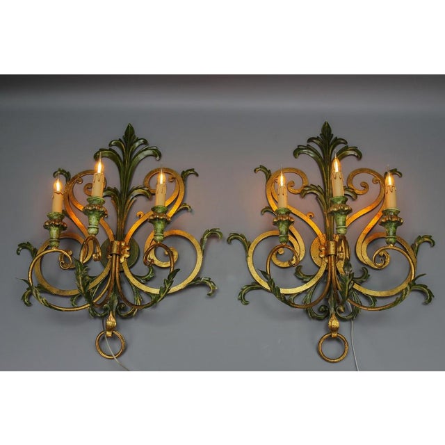 Large Gilt and Green Color Metal and Wood Sconces, 1960s, Set of 2 For Sale - Image 6 of 18