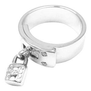 Hermes 18k White Gold Diamond "H" Lock Band Ring Size 5