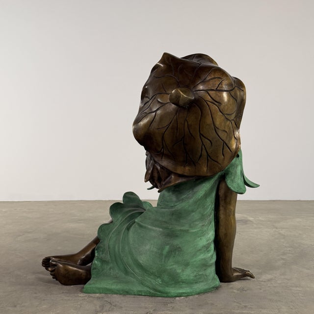 Copper Bronze Garden Girl With Bird Sculpture – Verdigris Dress, 25” H Outdoor Statue For Sale - Image 8 of 9