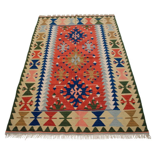 Textile Hand-Woven Turkish Rug Flat Weave Wool Area Rug - 3'7" X 5'10" For Sale - Image 7 of 11
