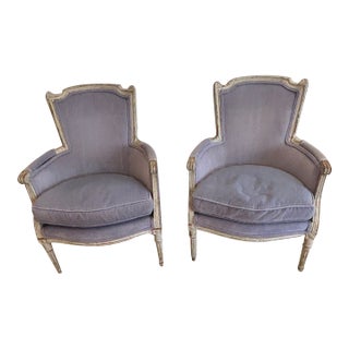 Soft Periwinkle Velvet French Painted Bergere Chairs -a Pair For Sale