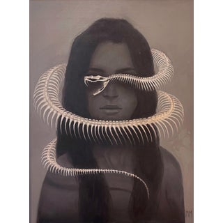 Solitude by Miranda Meeks | Oil on Board Portrait of a woman with a skeletal snake. For Sale