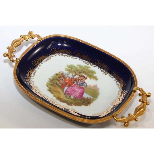 French Country Limoges France Dish in Royal Blue with Fragonard Couple and Fine Gold Metal Trim For Sale - Image 3 of 17