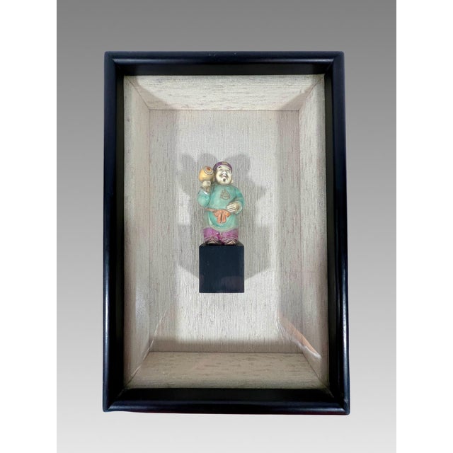 Japanese Old Japanese Figures of Hotei the Buddha and Daikokuten God of Wealth, a Pair, Shadow Box Framed Wall Hangings For Sale - Image 3 of 12