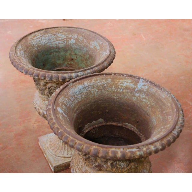 French Pair of Early 20th Century French Painted Iron Urns With Figural Mask Handles For Sale - Image 3 of 9