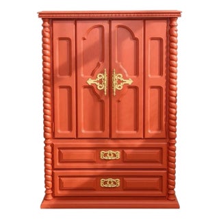 Vintage Red Armoire With Ornate Gold Hardware For Sale