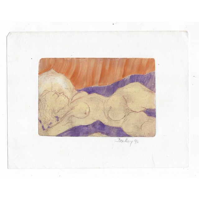 1996 female nude hand colored etching by New York artist John Bradley, pencil signed and dated lower right. Bradley and...