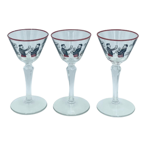 1940s Vintage Libbey Pickwick Bartender Scene Cordial Liquor Glasses- Set of 3
