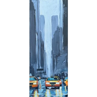 Classic 1990's Yellow Taxi at Night & Grey Skyscrapers in New York City Street For Sale