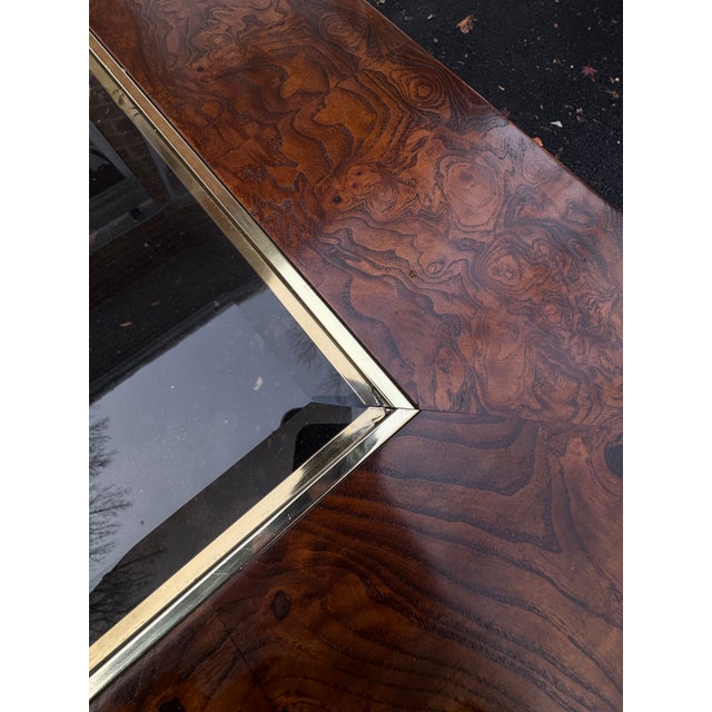 1970s Burl Wood and Brass Dining Table With Glass Insets in the Style of Milo Baughman For Sale - Image 9 of 11