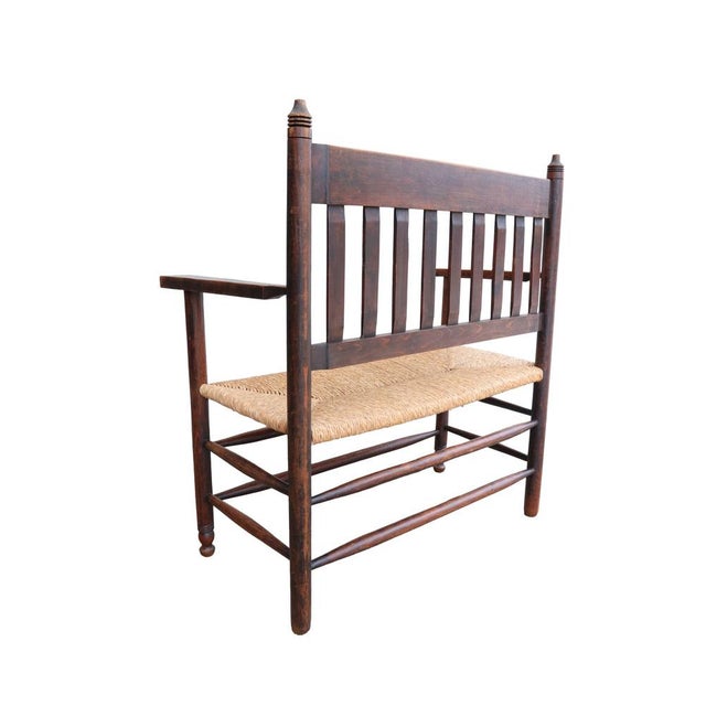 Antique Dutch Arts and Crafts Wooden Bench with Woven Rush Seat, 1900 For Sale - Image 6 of 14