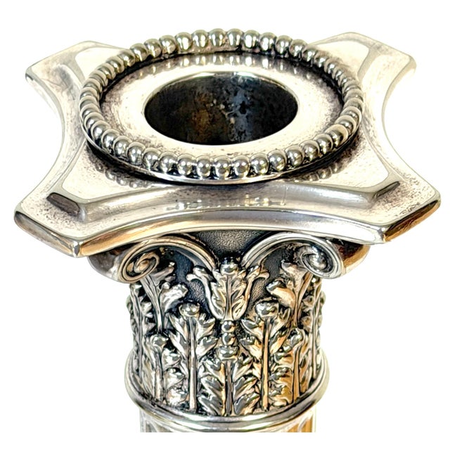 Neoclassical Pair of Sheffield Plated Corinthian Column Candlesticks Attributed to Elkington For Sale - Image 3 of 12