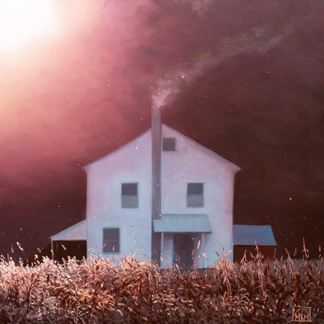 In "Autumnal Evening," a solitary white house emerges against a backdrop of deep twilight, its chimney releasing a gentle...