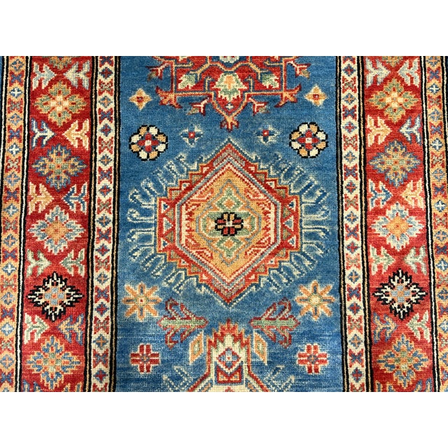 2000 - 2009 Blue and Rust Red Kazak Wool Runner Rug, Tribal Hallway Rug, 2'9" X 9'9" For Sale - Image 5 of 16