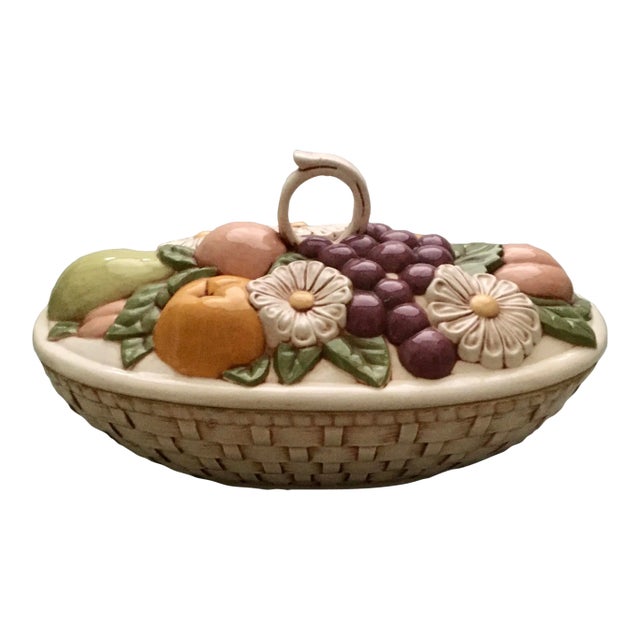 Mid 20th Century Tromp L’oeil Fruit & Flower Basket Covered Dish For Sale