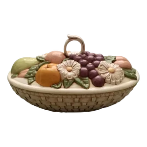 Mid 20th Century Tromp L’oeil Fruit & Flower Basket Covered Dish