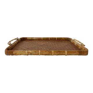 Burnt Tortoise Shell Bamboo and Wicker Handled Tray For Sale