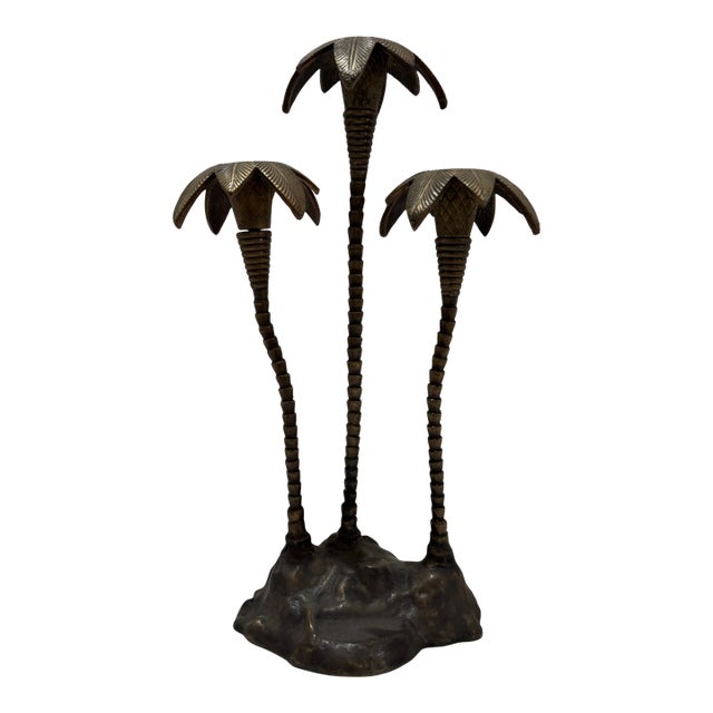 Vintage Brass Palm Tree Candlestick Trio Sculpture Tropical Modern Decor For Sale