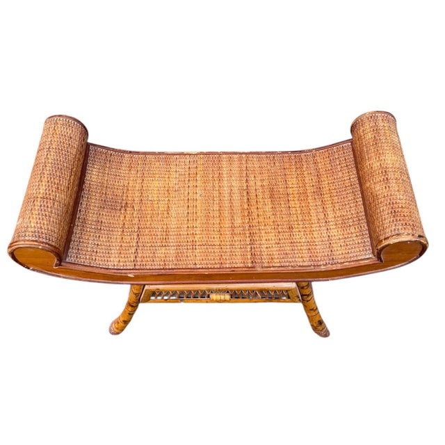 Vintage Tortoise Bamboo and Rattan Weave Scrolling Curved Bench For Sale In Miami - Image 6 of 8