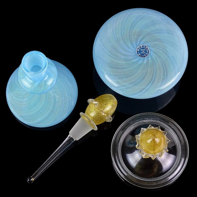 Mid 20th Century Vintage Murano Blue Ribbons Gold Flecks Italian Art Glass Perfume Bottle Powder Box Vanity Set For Sale - Image 5 of 6