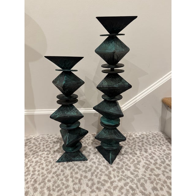 Monumental Signed Modernist/Brutalist Sculptural Candlesticks in Verdigris Patinated Bronze, 1970s, a Pair For Sale In Chicago - Image 6 of 12