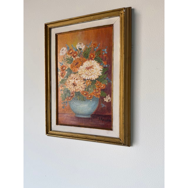 1980s 1980s Vintage J. Romero Floral Still Life Oil on Artist Board Painting, Gold Wood Framed For Sale - Image 5 of 13