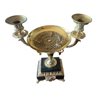 1920s French or Italian Brass Black Marble Compote Candlestick Stand For Sale