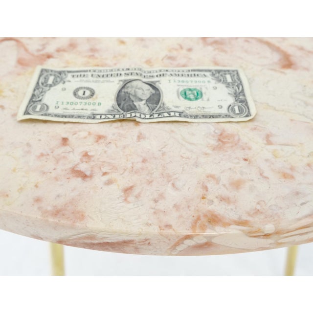 Pair Round Rouge Marble Top Tri Legged Brass Base Mid-Century Modern End Tables For Sale - Image 13 of 15