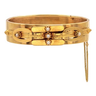 Antique Victorian 14k Yellow Gold Seed Pearl Bangle Bracelet Circa 1870s–1880s For Sale