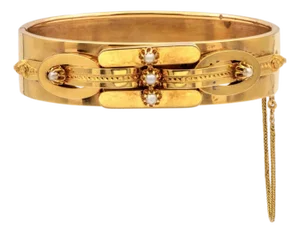 Antique Victorian 14k Yellow Gold Seed Pearl Bangle Bracelet Circa 1870s–1880s