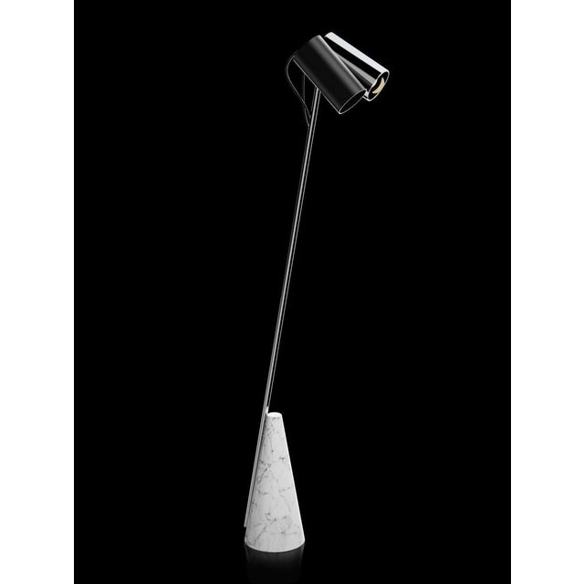 Floor lamp with Carrara white stone base, chrome structure and double lightshield made in black paint and chrome. European...