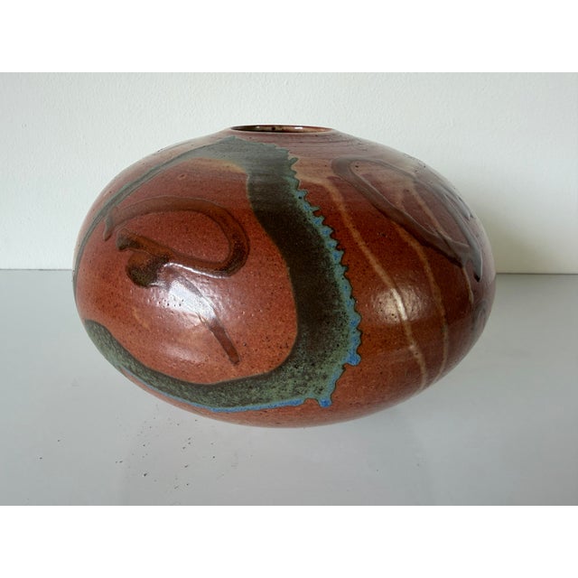 Vintage Handmade Brown Glazed Studio Pottery Vase With Abstract Drip Design – Signed For Sale - Image 4 of 11