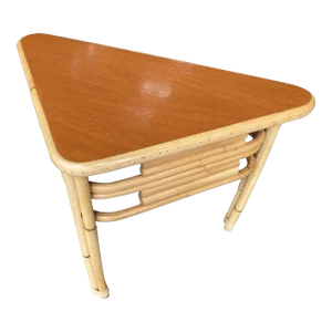 1950s Restored Stacked Rattan Corner Side Table With Mahogany Tabletop