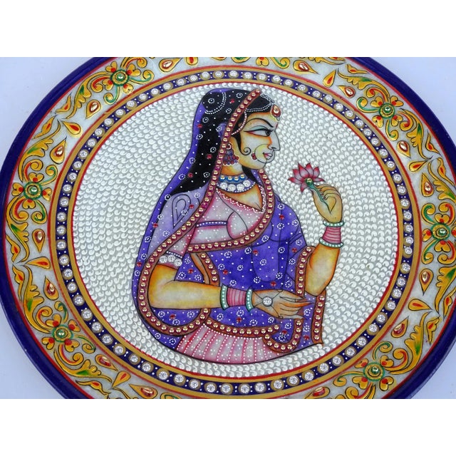 Stone Marble Handicraft Plate Rajasthani Women Bani Thani Tribal Ethnic Hand Painted For Sale - Image 7 of 7