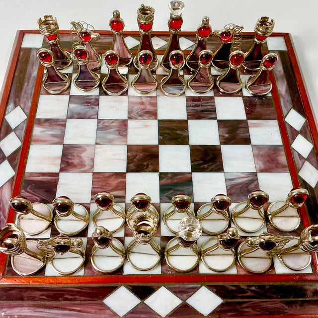 1950s Vintage Frank Lloyd Wright Arts & Crafts Boho Chic Stained Glass Chess Set - Set of 33, Atrributed For Sale - Image 13 of 18