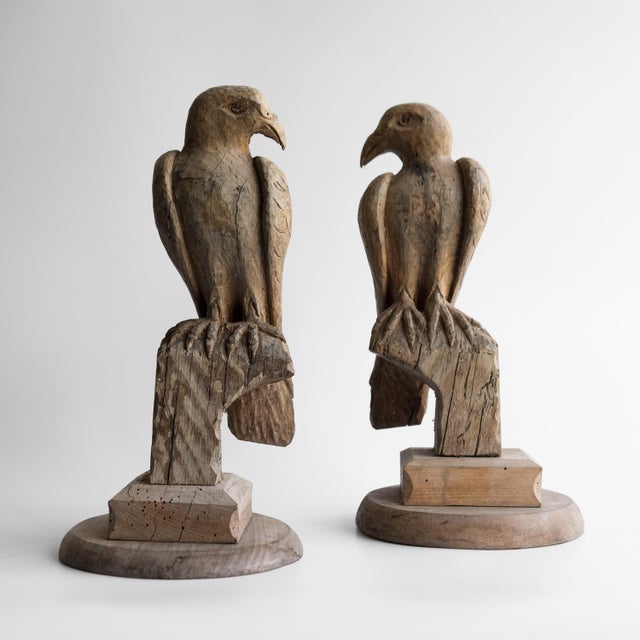 Folk Art Pair of Antique French Folk Art Carved Oak Falcon Figures, Wooden Bird Sculpture For Sale - Image 3 of 14
